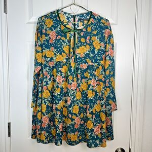 Zara Trafaluc Collection Green Floral Mini Romper Velvet Tie Neckline Women’s XS